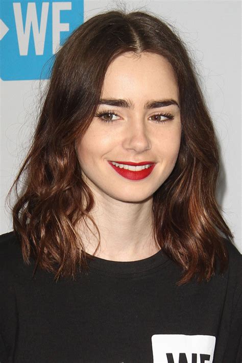 Lily Collins Wavy Medium Brown Blunt Cut Bob Hairstyle Steal Her Style