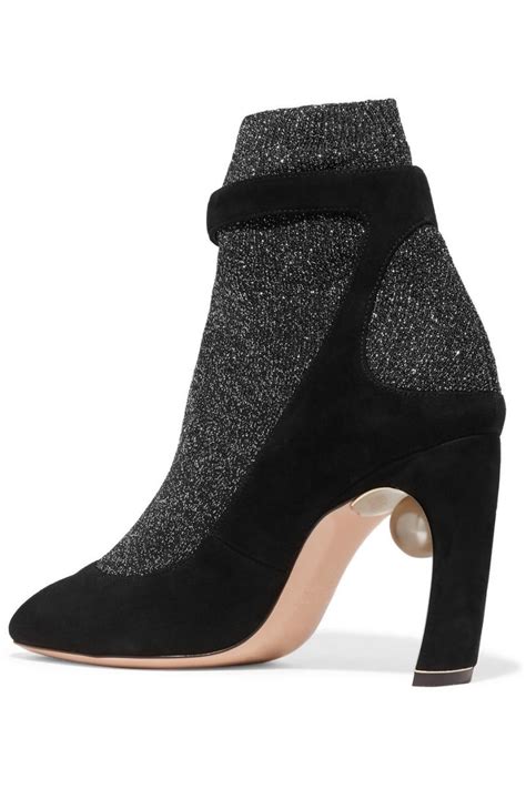 Black Womens Nicholas Kirkwood Boots Lola Embellished Metallic Stretch Knit And Suede Sock