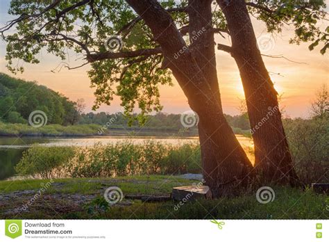 Beautiful Summer Sunset At The River With Blue Sky Red And Orange