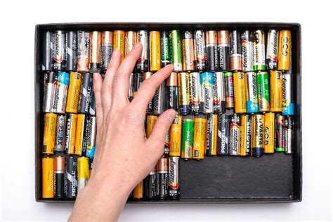 Used Alkaline Batteries Aa Size Format Of Different Brands Lying In A