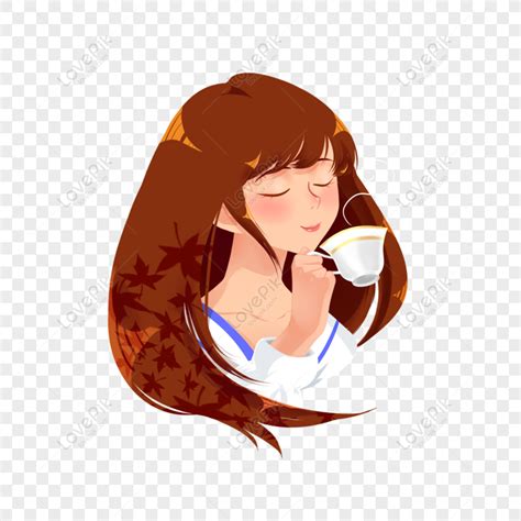 Free Hand Drawn Wind Cartoon Girl Drinking Coffee Enjoying Gourmet Co