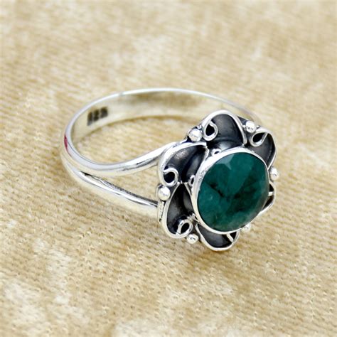 Indian Emerald Ring 925 Sterling Silver Handmade Ring Round Etsy