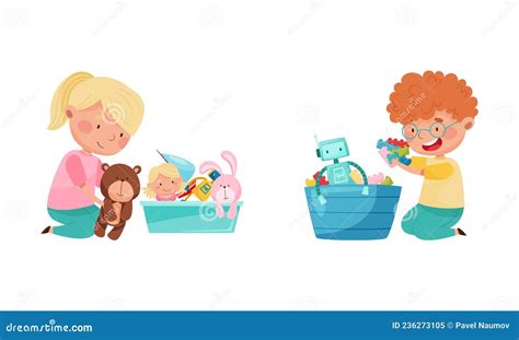 Cute Kids Playing Toys Set Little Boy And Girl Sitting On Floor And