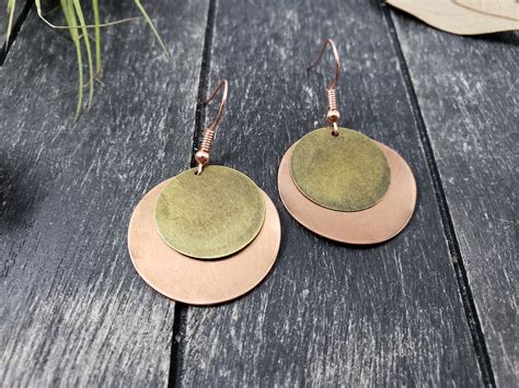 Copper And Bronze Disc Dangle Earrings Mixed Metal Circle Etsy