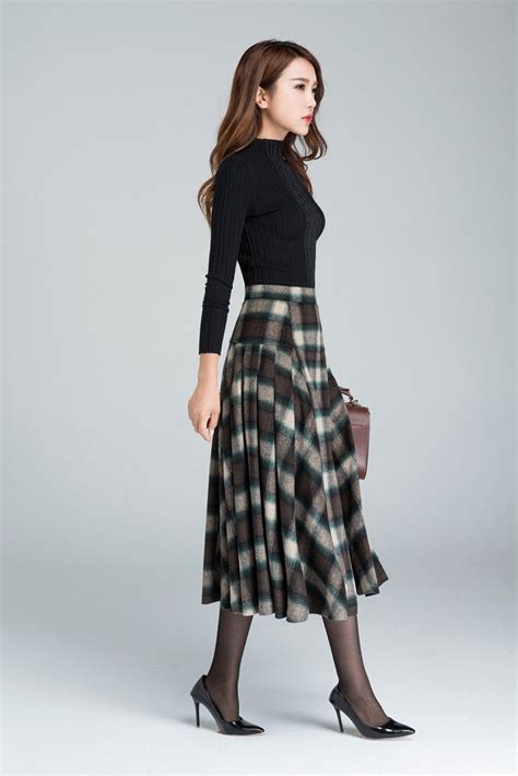 Pleated Skirt Winter Long Plaid Skirt Plaid Wool Skirt Long Skirt
