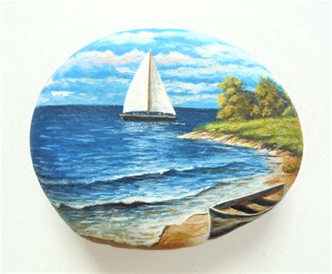 Landscape Rock Painting With Boat On The Beach Painted On A Sea Stone