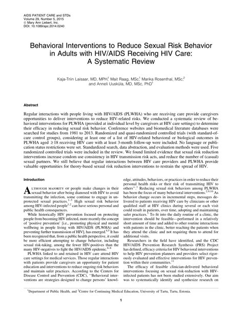 Pdf Behavioral Interventions To Reduce Sexual Risk Behavior In Adults With Hivaids Receiving