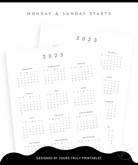 2023 Yearly Calendar Printable Minimalist Year At A Glance Etsy