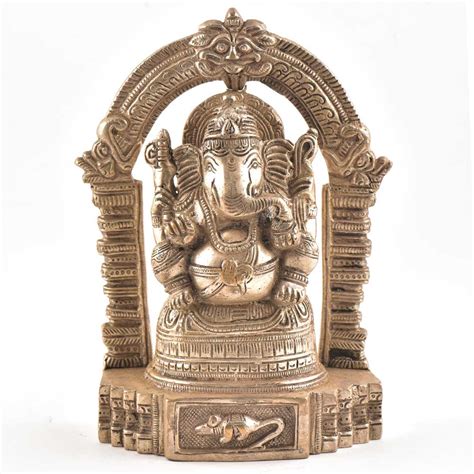 Sitting Lord Ganesh Ji Statue With Temple Arch In Brass