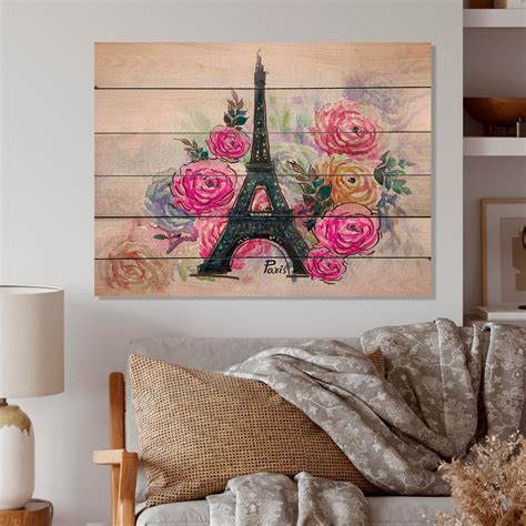 Designart Eiffel Tower With Rose Flowers French Country Wood Wall Art