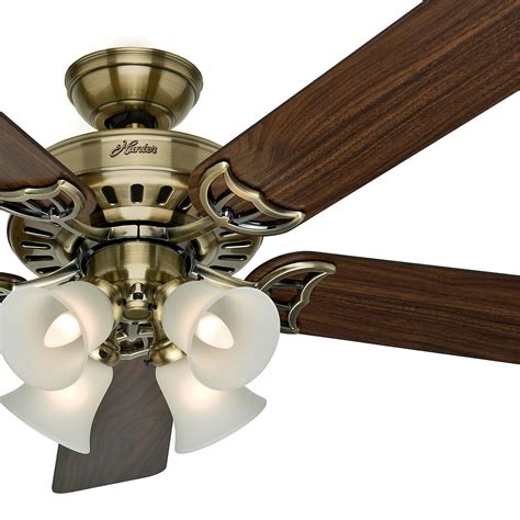 Easily control this flat black finished craftmade ceiling fan with the included hand held remote control configuration. 52" Hunter Ceiling Fan, Antique Brass - 4-Light Fixture w ...