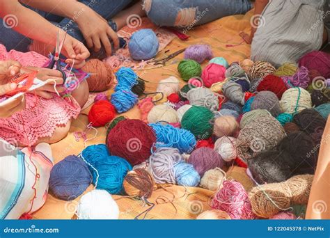 Group Of Women Crocheting Or Knitting Stock Photo Image Of Homemade