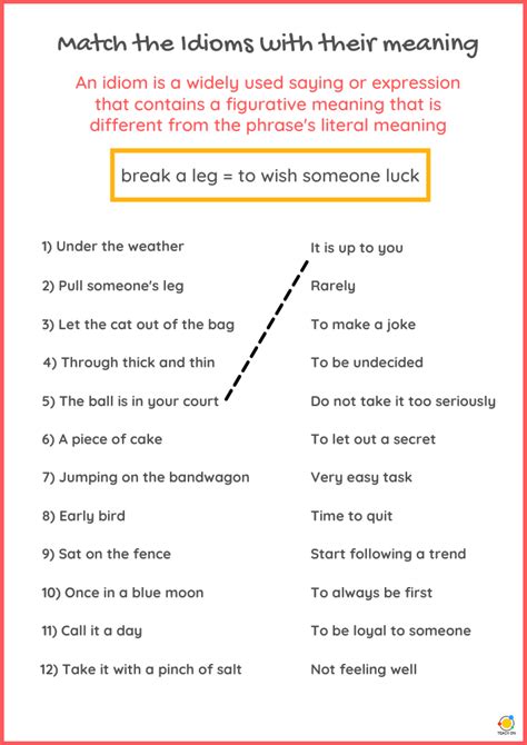 Idioms Worksheet Match Idiom To Meaning Teach On