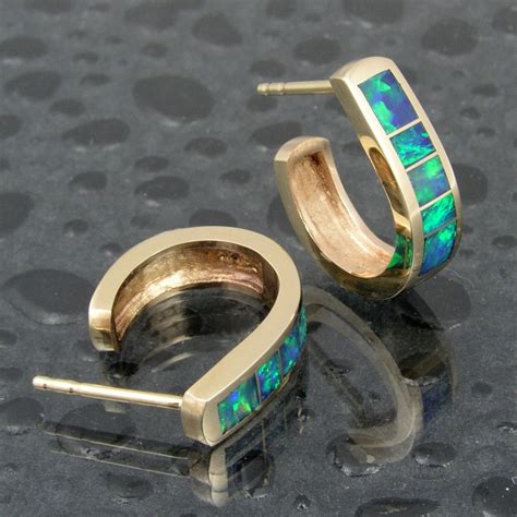 Australian Opal Inlay 14k Gold Hoop Earrings Etsy