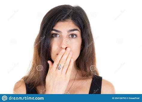 Pretty Shocked Young Woman Hand Over Mouth Lips Stock Image Image Of Adult Brunette 254126793