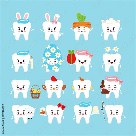 easter cute teeth dental icon set dentist white tooth character cake bunny ears willow curd