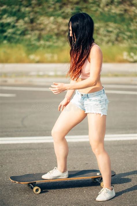 Young Hipster Girl Posing With Longboard Skateboard Street Photo