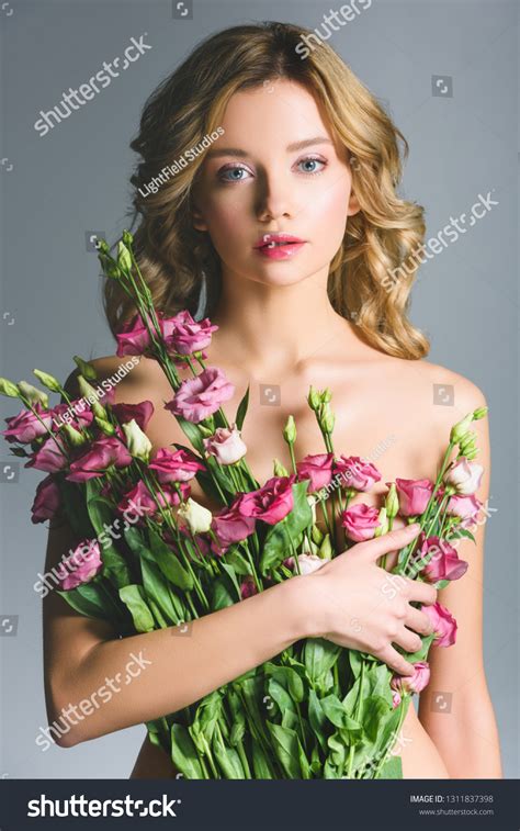 Elegant Naked Woman Holding Bouquet Flowers Stock Photo 1311837398