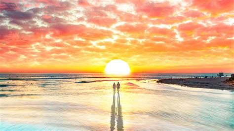 Sky, sunset, shore, sea, horizon, cloud, water, sunray, coast. Beach Couple Watching Sunset 4k, HD Artist, 4k Wallpapers ...