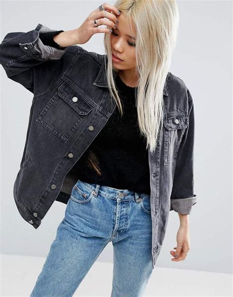 Asos Design Denim Girlfriend Jacket In Washed Black Outfit Jeans Black Denim Jacket Outfit
