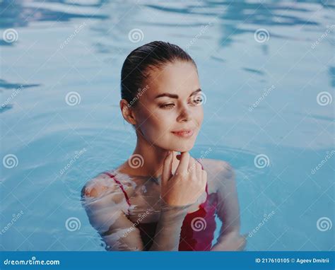 Pretty Woman Swimming In The Pool Smile Attractive Look Close Up Stock