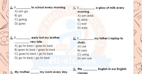 The Simple Present Tense Multiple Choice Test Elt Els Com