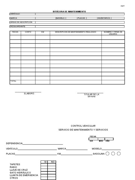 Formato Bitacora De Mantenimiento De Vehiculos Pdf