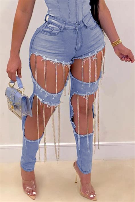 Fashion Blue Fashion Casual Solid Ripped Patchwork Chains High Waist Skinny Denim Jeans For Sale