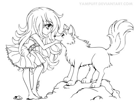 Chibi With Wolf Lineart Commission By Yampuff On Deviantart Chibi