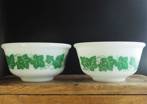 Vintage Green Ivy Milk Glass Bowls Hazel Atlas 4 3 4 Inch Two Etsy
