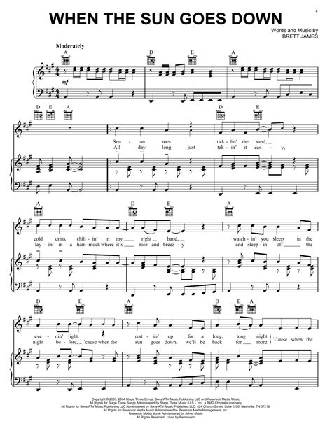When The Sun Goes Down Sheet Music Kenny Chesney Piano Vocal Guitar Chords Right Hand