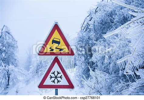 Dangerous And Icy Road Sign Dangerous And Icy Road With Sleet Covered