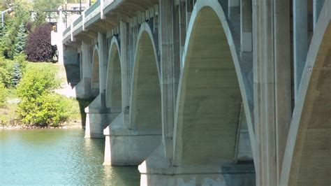 Saskatoon Side Long View Of University Bridge Arches At River Level