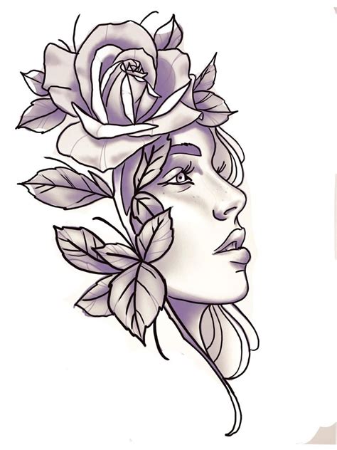 A Drawing Of A Womans Face With Roses On Her Head