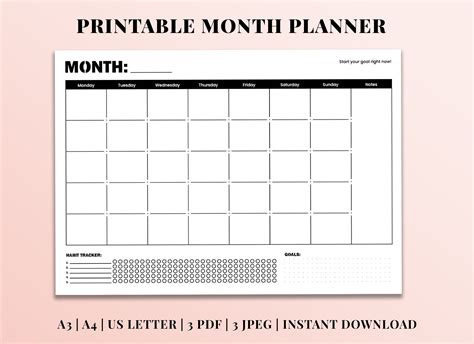 Month Planner Printable A3 A4 Us Letter Undated Minimalist Etsy