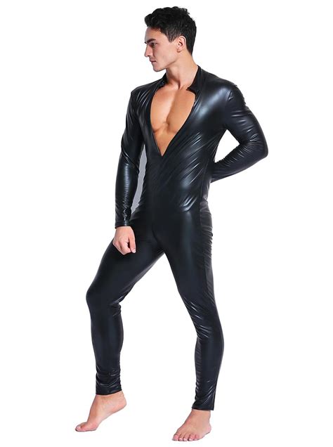 sexy men faux leather bodysuit pvc full body zipper front leotard my xxx hot girl