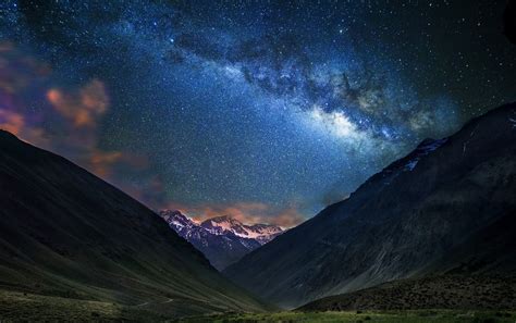 Landscape Nature Mountain Starry Night Milky Way Galaxy Dirt Road Snowy Peak Chile Long