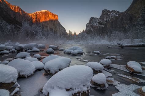Wallpaper Trees Landscape Rock Snow Winter Ice River Yosemite