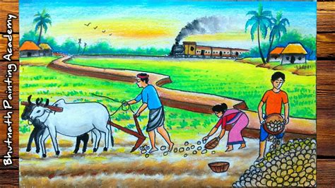 Potato Harvesting Drawingagriculturevillage Field Scenery Painting