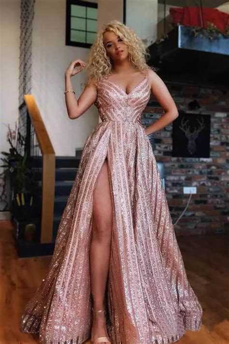 Spaghetti Strap V Neck Rose Gold Sequins Prom Dresses Sexy Side Slit