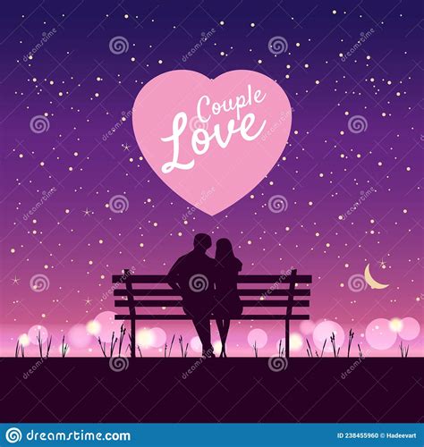 romantic couple lovers on bench in park under trees sunset night stars stock vector