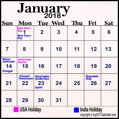 January 2018 Calendar With Holidays India Calendar Yearly Printable