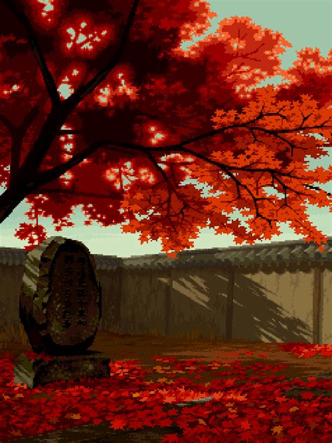 Autumn Leafs Falling Grave Fence Japan Nature Animation 