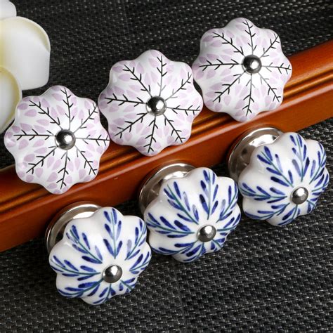 6pcs Hand Painted Ceramic Door Knobs Cabinet Drawer Pull Handles