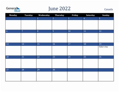 June 2022 Canada Monthly Calendar With Holidays