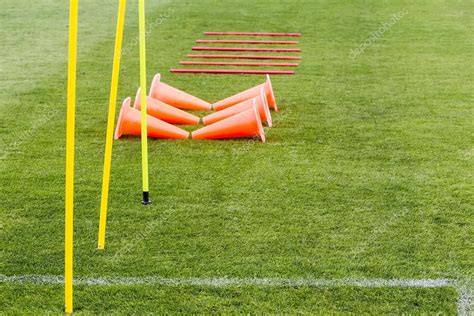 Soccer Football Training Equipment On The Green Field Of The S Stock