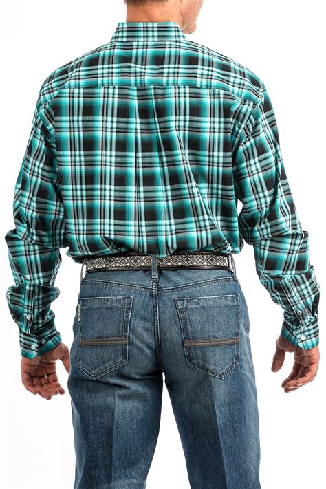 Cinch Jeans Mens Turquoise And Black Plaid Button Down Western Shirt