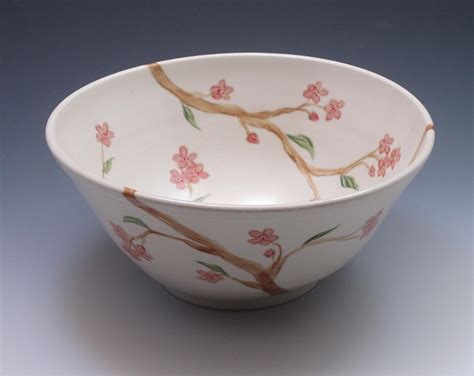 Handmade Porcelain Serving Bowl Hand Painted In Cherry Blossom Design