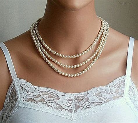 Items Similar To Pearl Necklace Three Strands Pearl Necklace With Cream Swarovski Crystal Pearls
