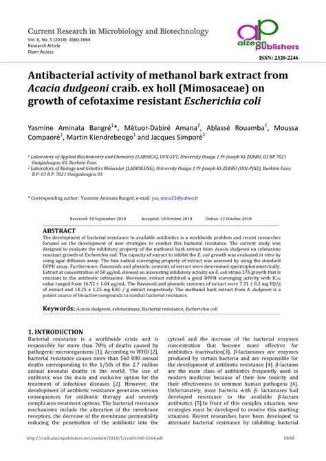 Pdf Antibacterial Activity Of Methanol Bark Extract From Acacia Dudgeoni Craib Ex Holl